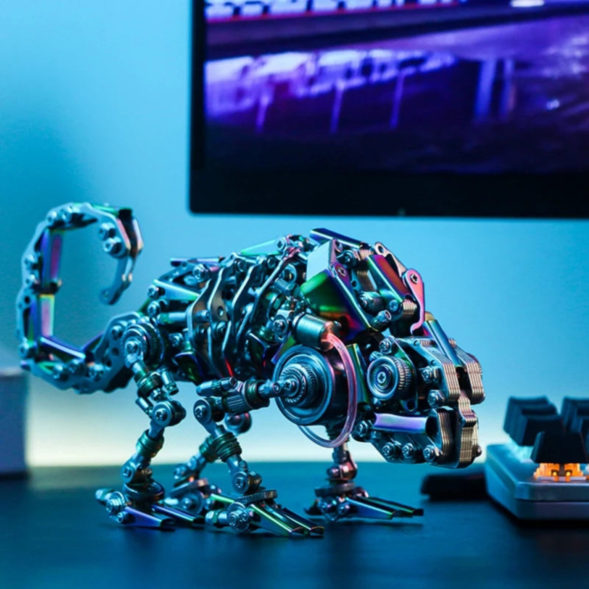 Opposite-side view showing the metal chameleon body, articulated legs and curled tail
