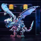 Completed metal dragon with raised iridescent wings photographed under coloured display lighting