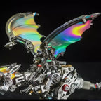 Detail of the iridescent metal wings, layered body and fastened components of the dragon model