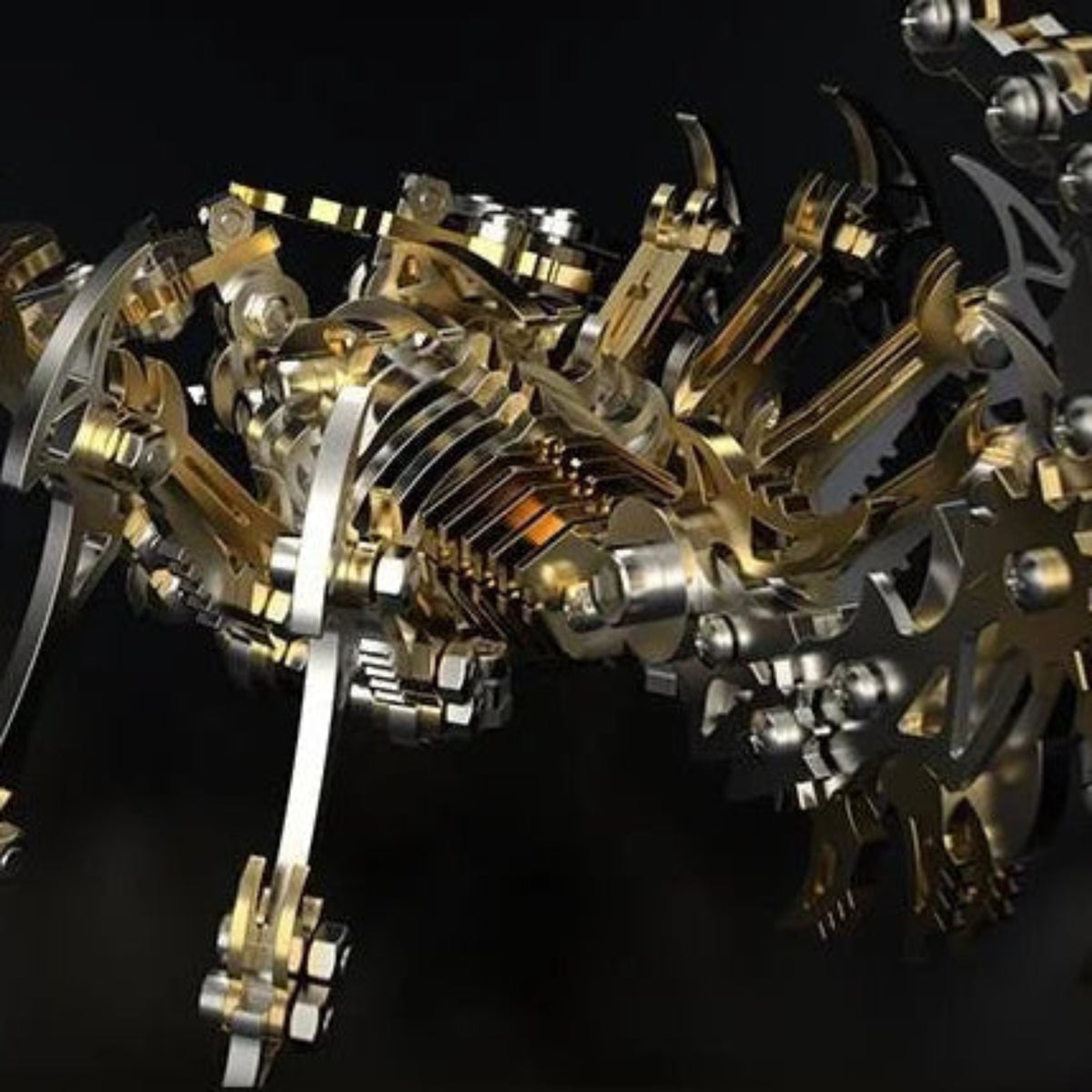 Rear body detail showing the layered metal shell and legs of the assembled mechanical scorpion