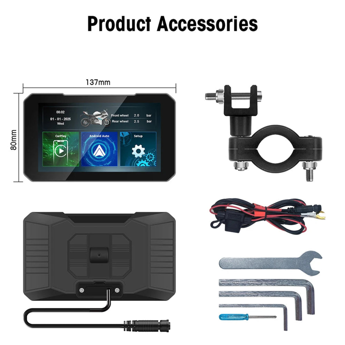 Motorcycle display front and rear views, 137 by 80 millimetre housing dimensions, handlebar bracket, power harness and mounting tools