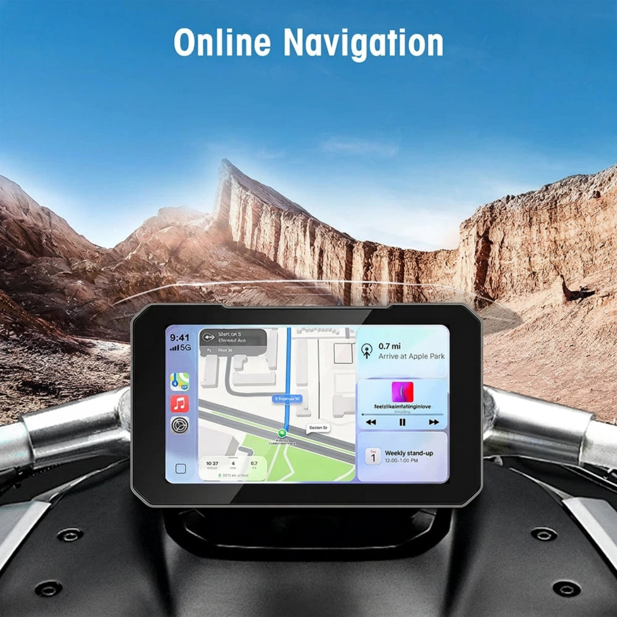 Illustration of the motorcycle smart display showing a compatible phone navigation app