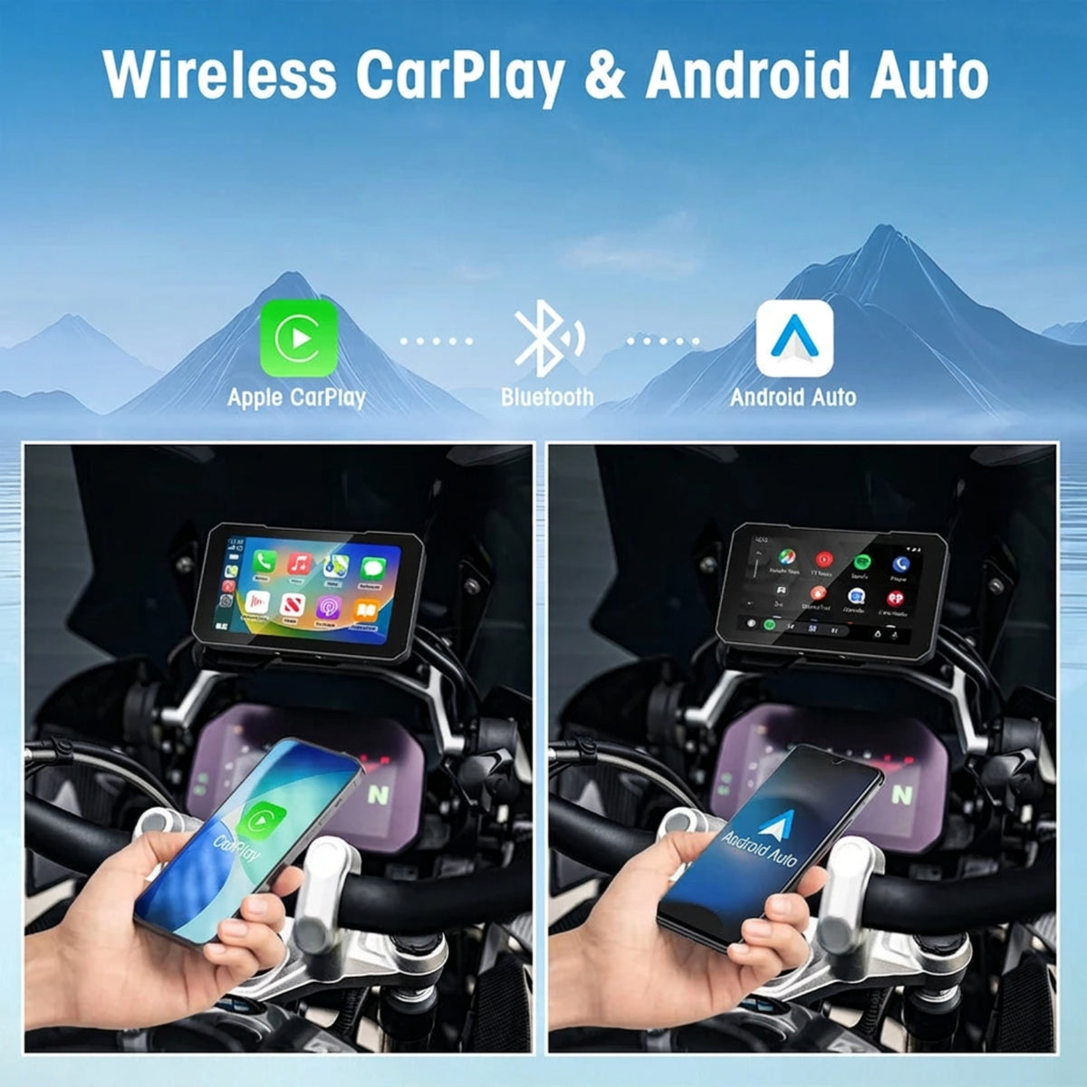 Illustration of compatible smartphone connections to the motorcycle display using wireless CarPlay and Android Auto