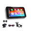 5-inch motorcycle smart display with two cameras, two tyre-pressure sensors, wiring and handlebar mounting bracket on white
