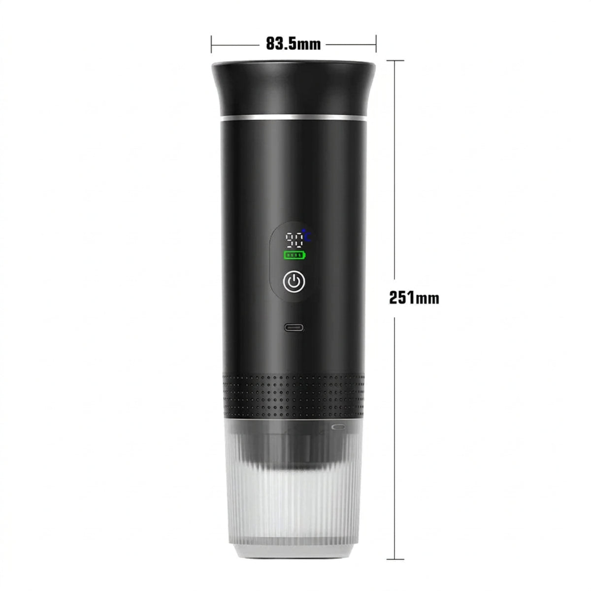 Black digital espresso maker with a 25.1 centimetre height and 8.35 centimetre width