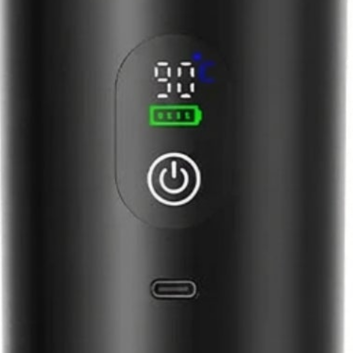 Close-up of the digital heating display, battery indicator, power button and USB-C charging port