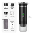 Digital espresso maker with its three brewing adapters, USB cable, coffee spoon, travel pouch and instructions; height 25.1 centimetres