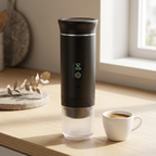 Illustrative kitchen setting with the black digital espresso maker and a separate cup of coffee