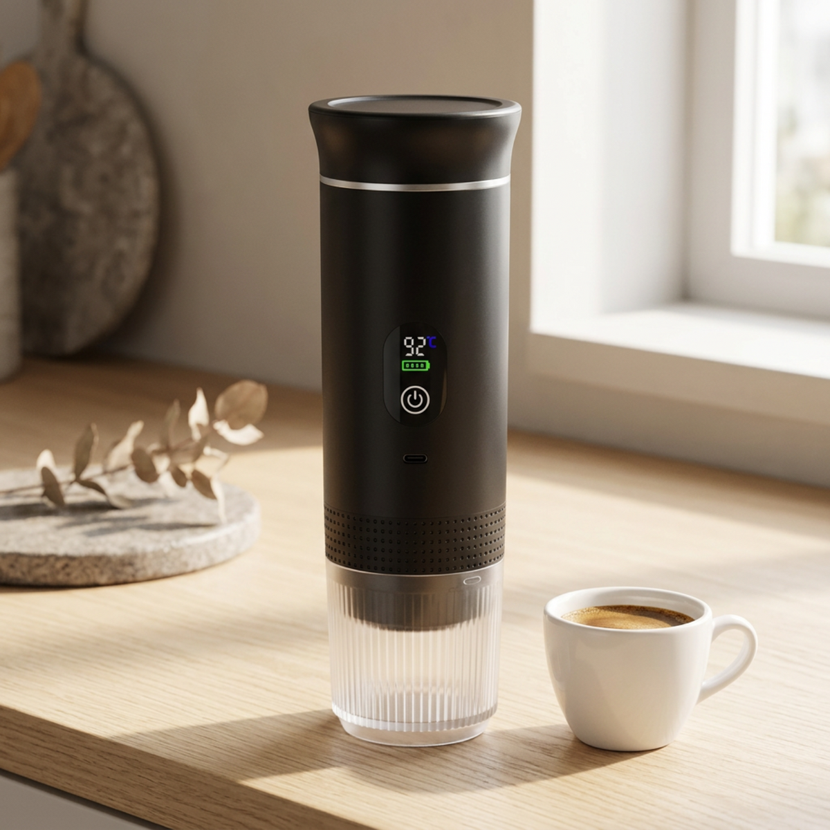 Illustrative kitchen setting with the black digital espresso maker and a separate cup of coffee