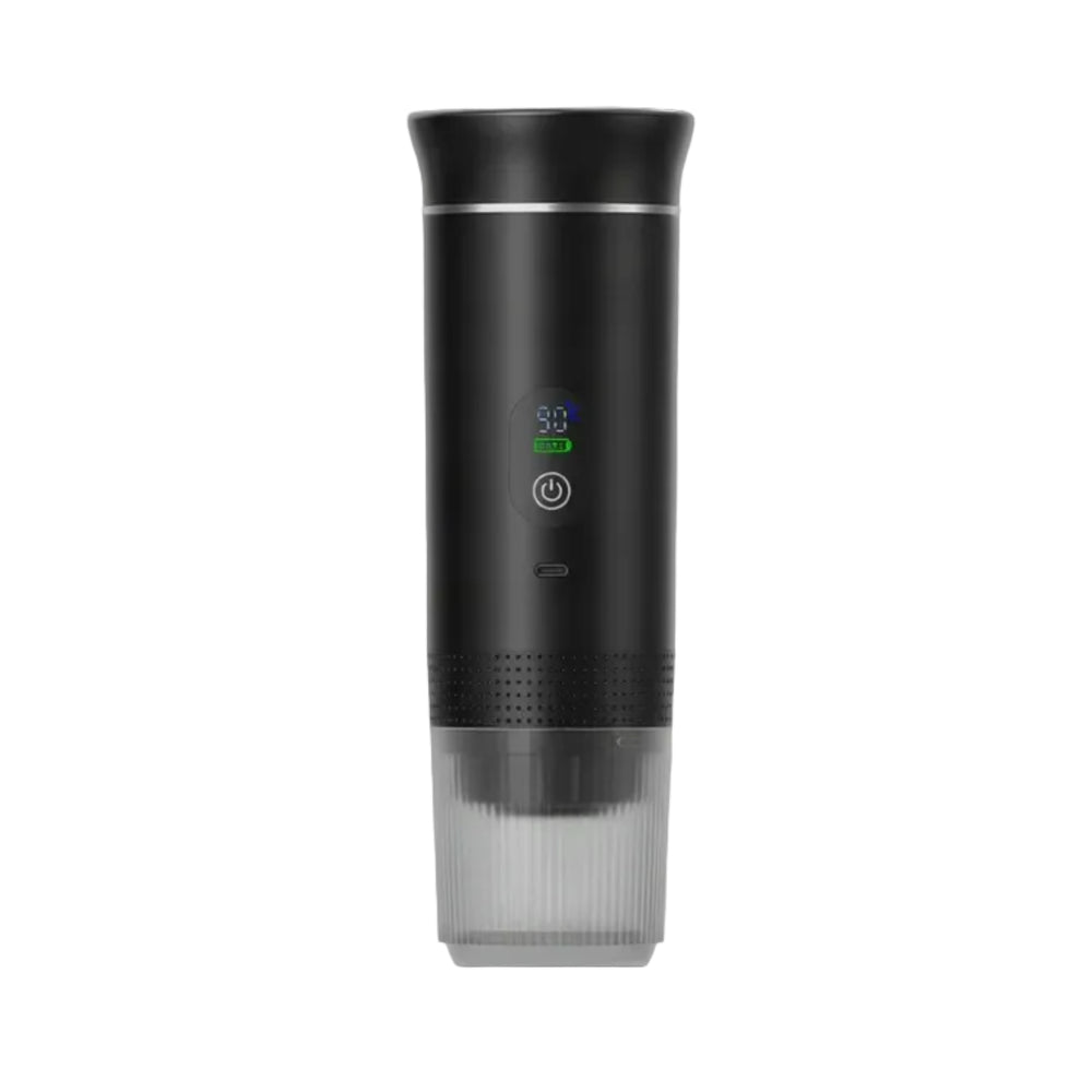 Black self-heating portable espresso maker with digital display and attached ribbed cup on a clean white background