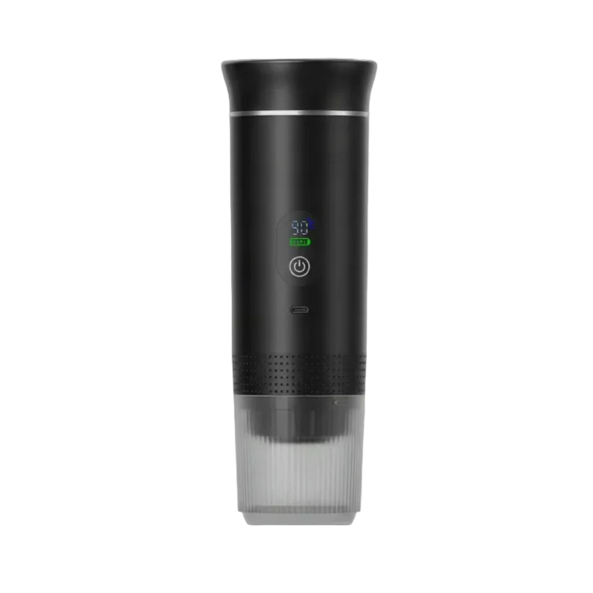 Black self-heating portable espresso maker with digital display and attached ribbed cup on a clean white background
