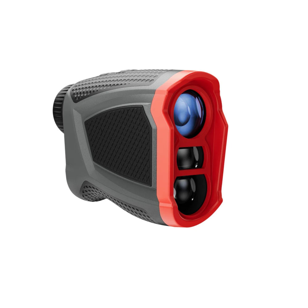 Front and side view of the grey and red rechargeable golf rangefinder on a clean white background