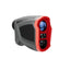 Front and side view of the grey and red rechargeable golf rangefinder on a clean white background