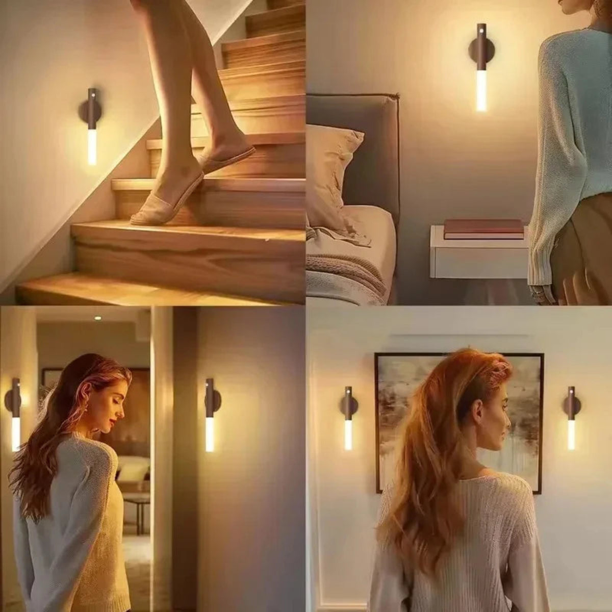 Room-placement collage showing the warm wall light in a stairway, bedroom and hallway