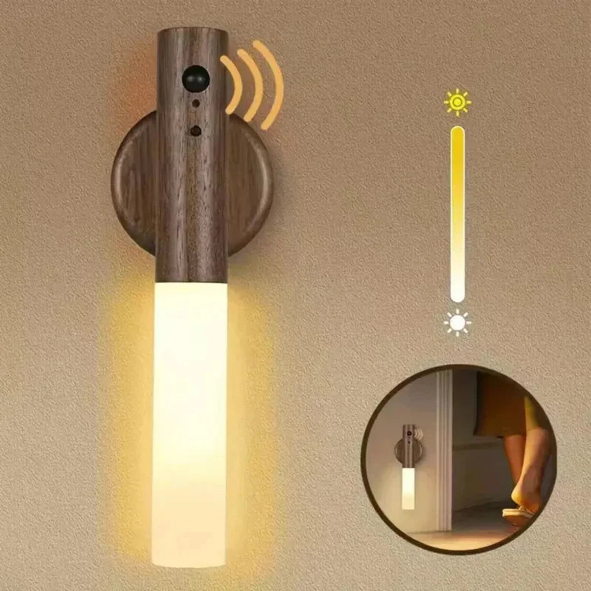 Warm wall light with an illustration of motion activation and indoor night-light use