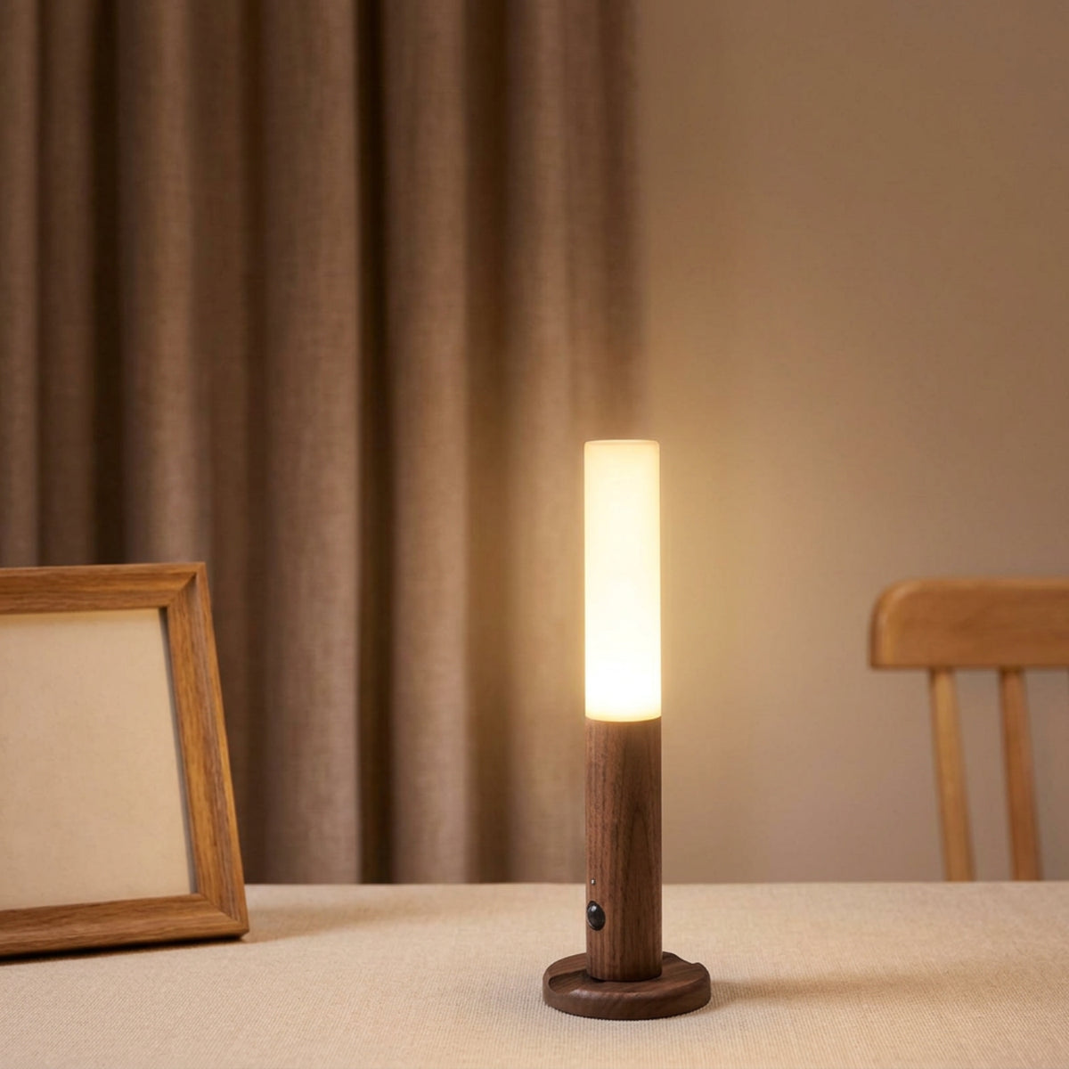 Rechargeable wood-grain light standing on its magnetic base on a table with warm illumination