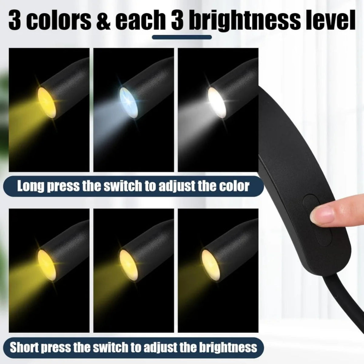 Three light colours with three brightness levels per colour and a press-button control on the neck reading light.
