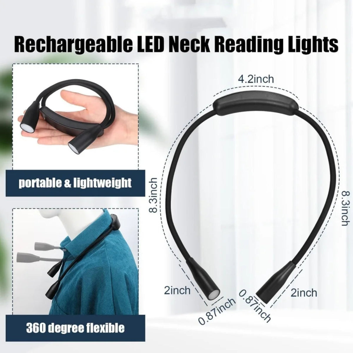 Neck reading light showing its flexible arms, compact folded shape and approximate dimensions.