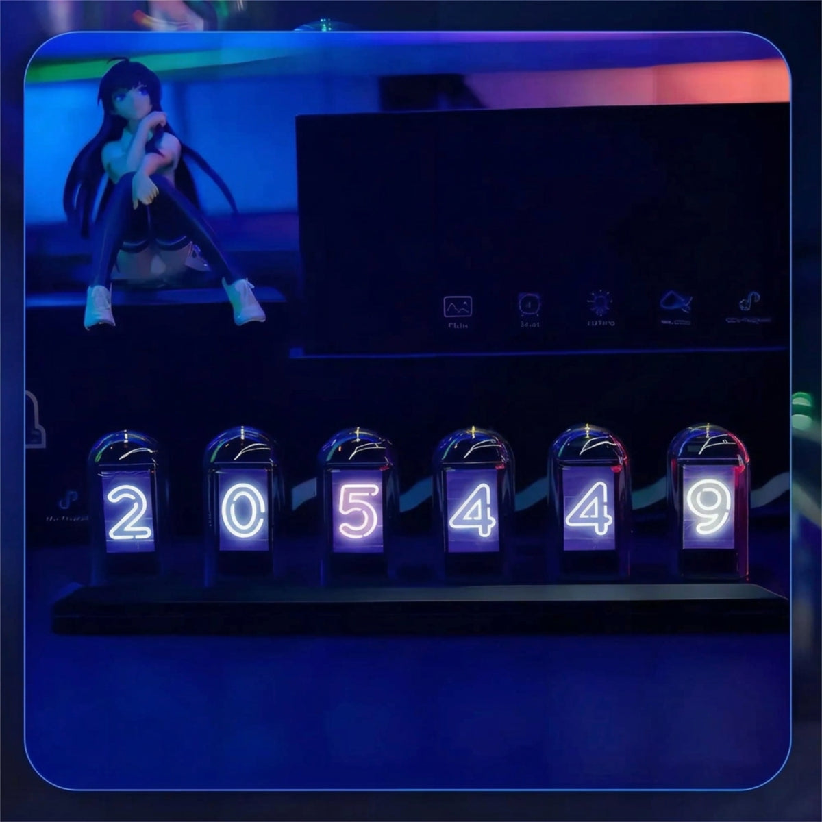 Six-screen IPS desk clock showing an alternative outline numeral face in blue ambient lighting