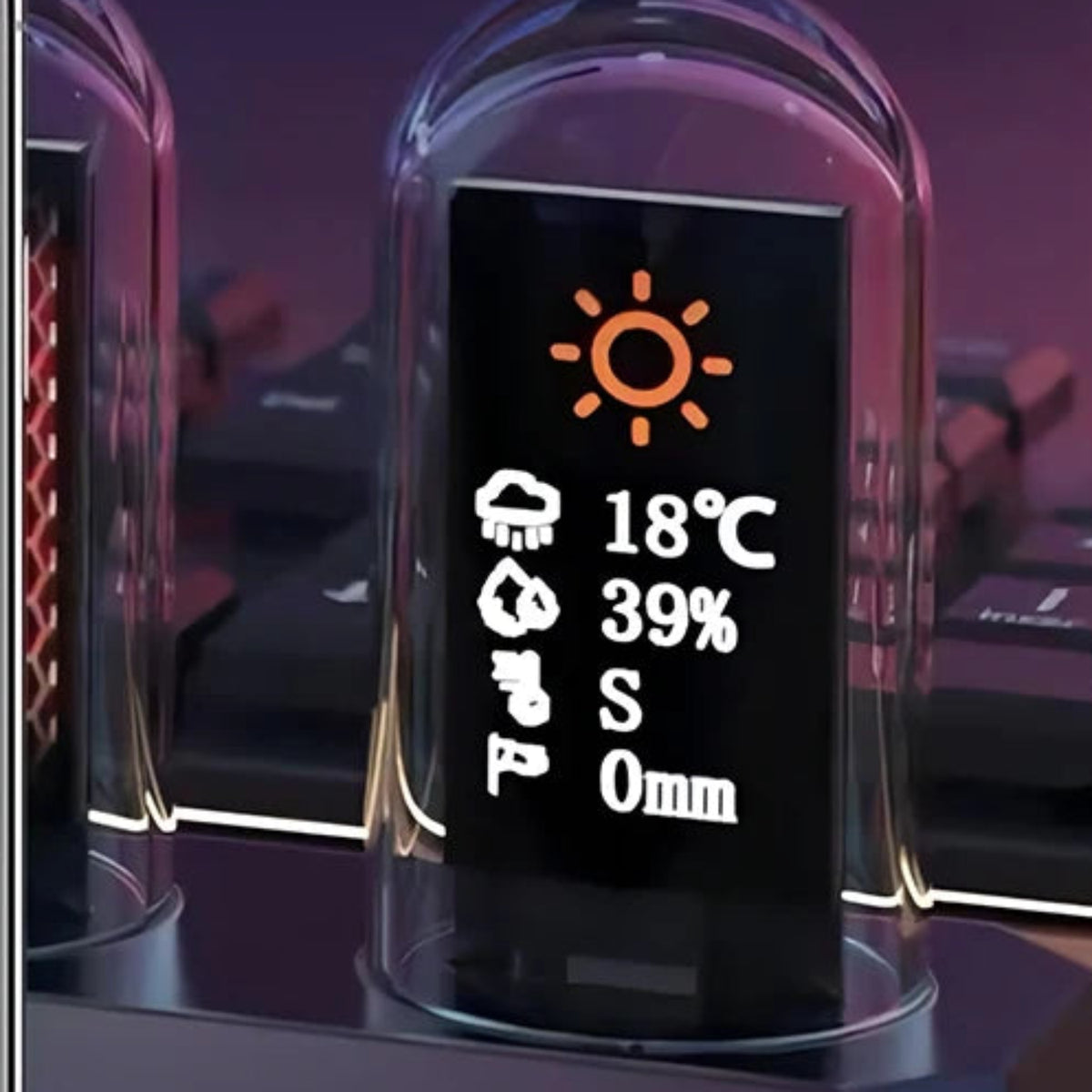 Close-up of an IPS screen displaying example weather icons and readings supplied by the connected online service