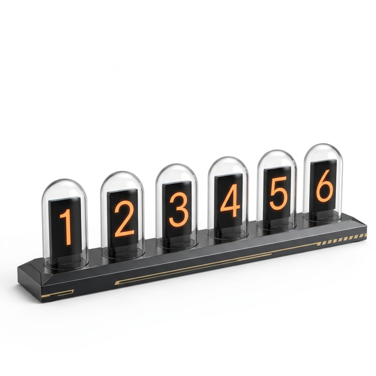 Six-screen IPS desk clock with six clear glass covers, orange digital numerals and an aluminium base on a white background