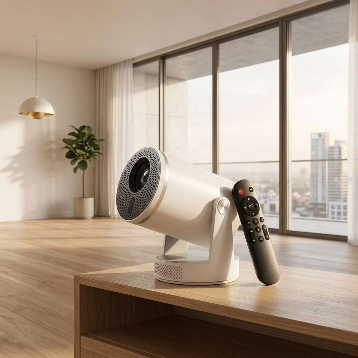 White smart projector and remote control on a wooden table in a modern living room.