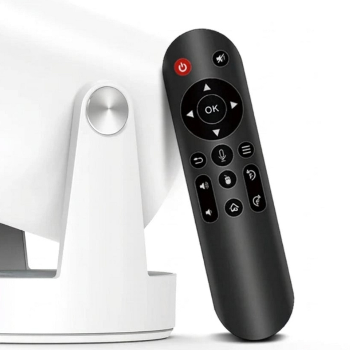 Detail of the included remote control and the adjustable projector stand.