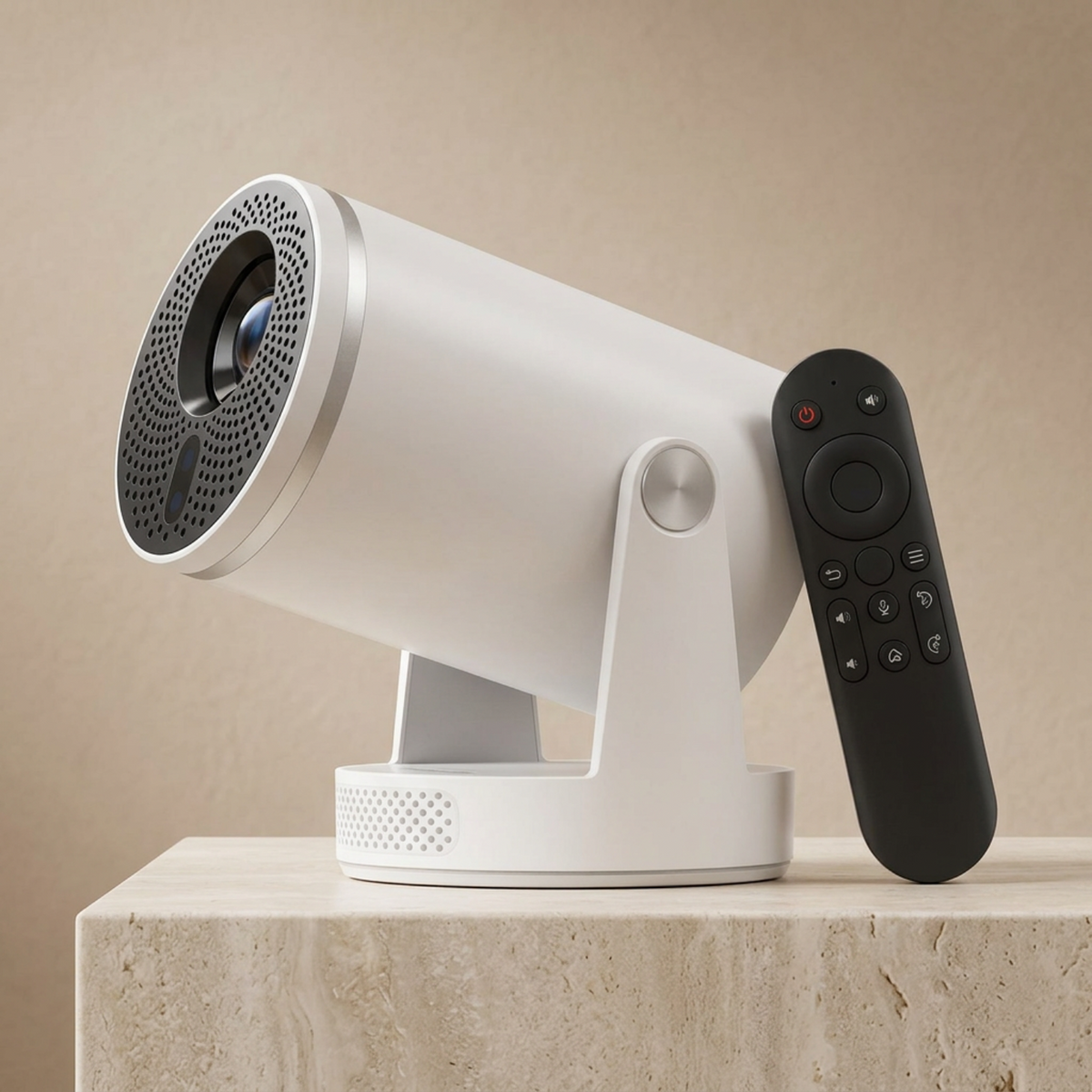 White smart projector with adjustable stand and remote control on a light stone surface against a warm beige background.