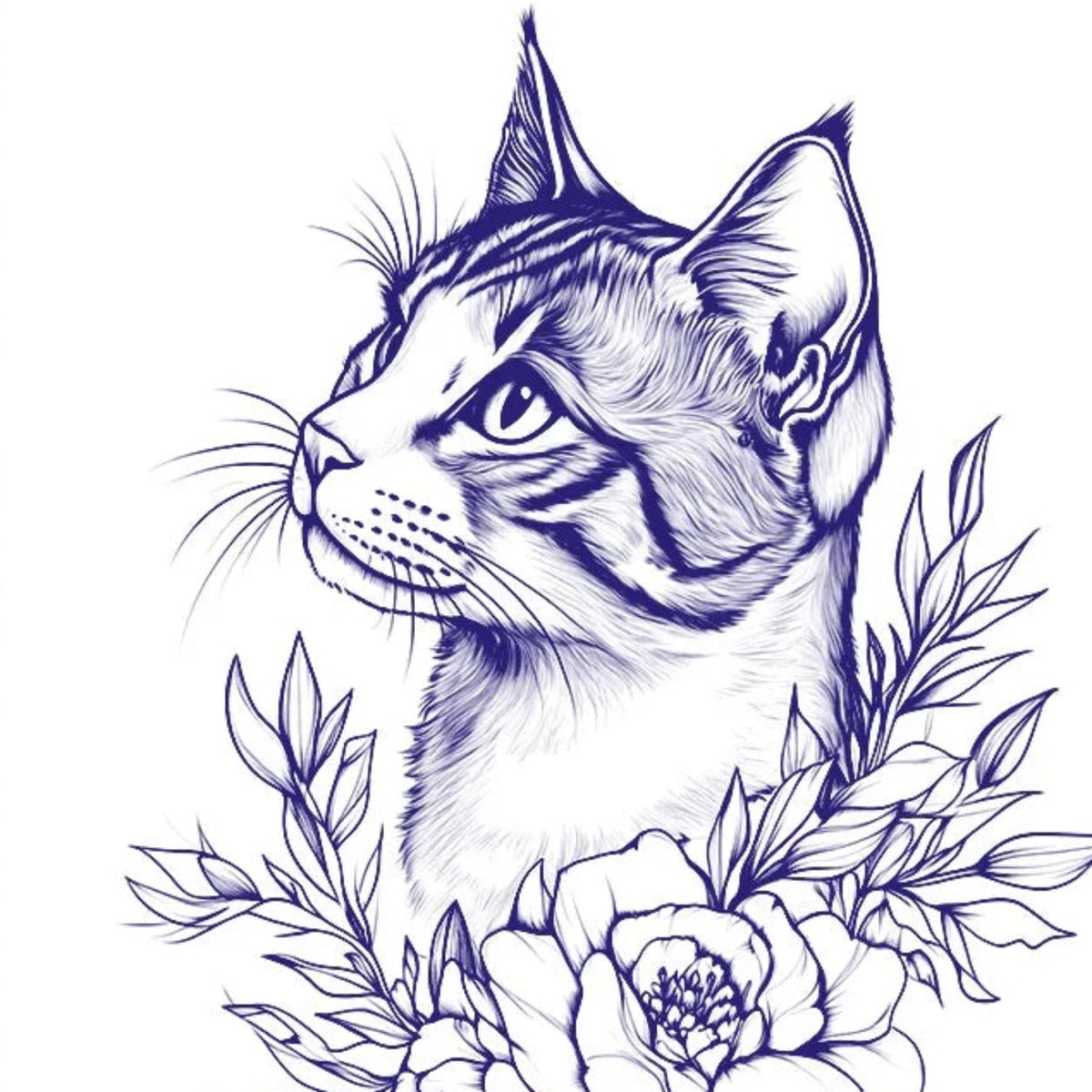 Example of printed cat-and-flower linework on tattoo stencil transfer paper; results depend on artwork and settings