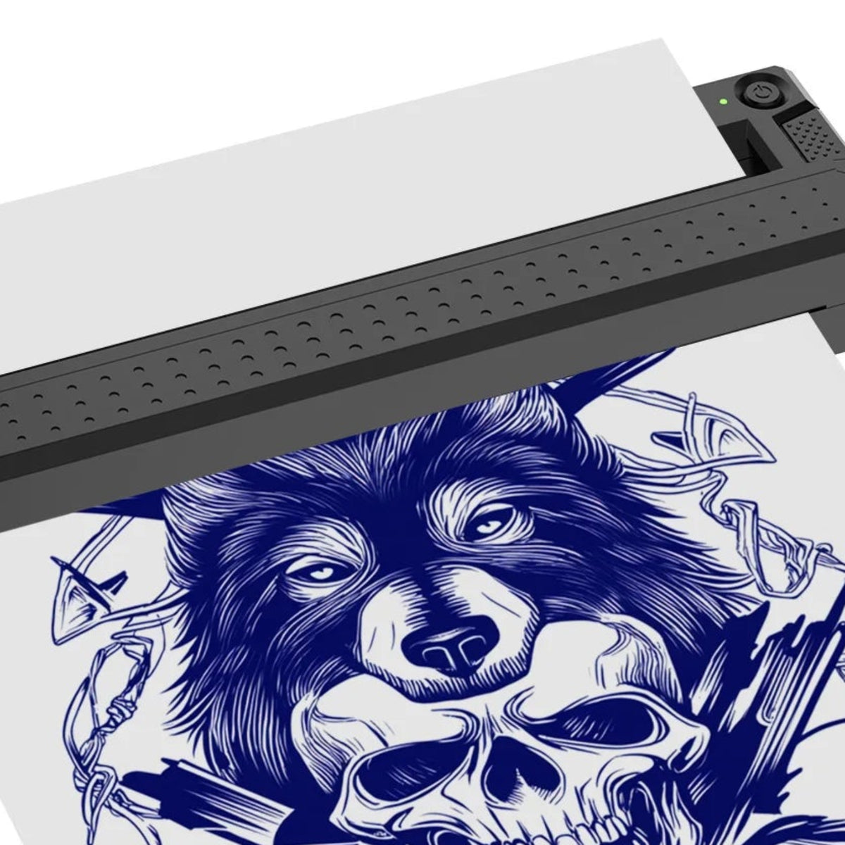 Close-up of the paper guide, power button and example printed linework from the black thermal stencil printer