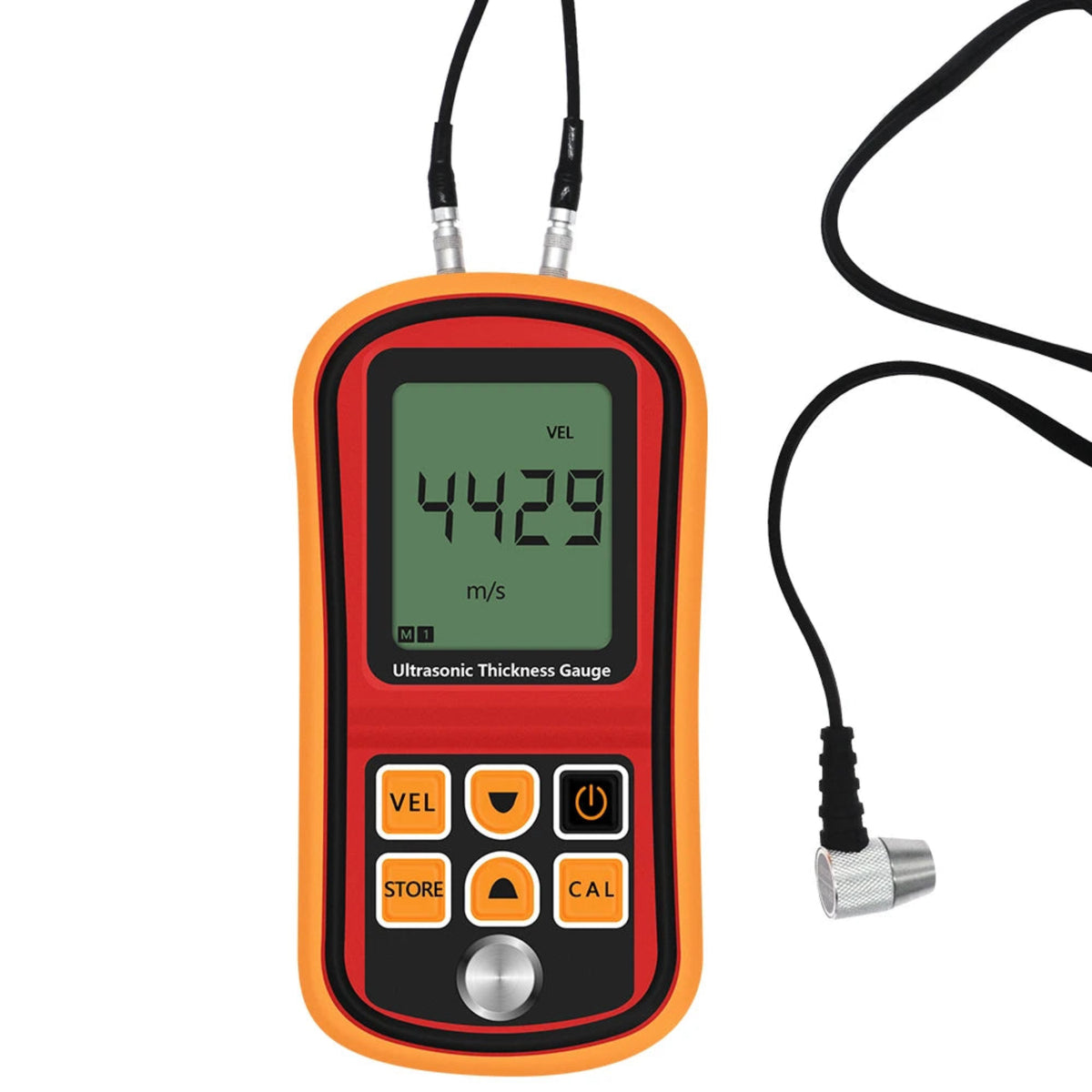 Front view of the handheld thickness gauge, sound velocity display and connected ultrasonic probe