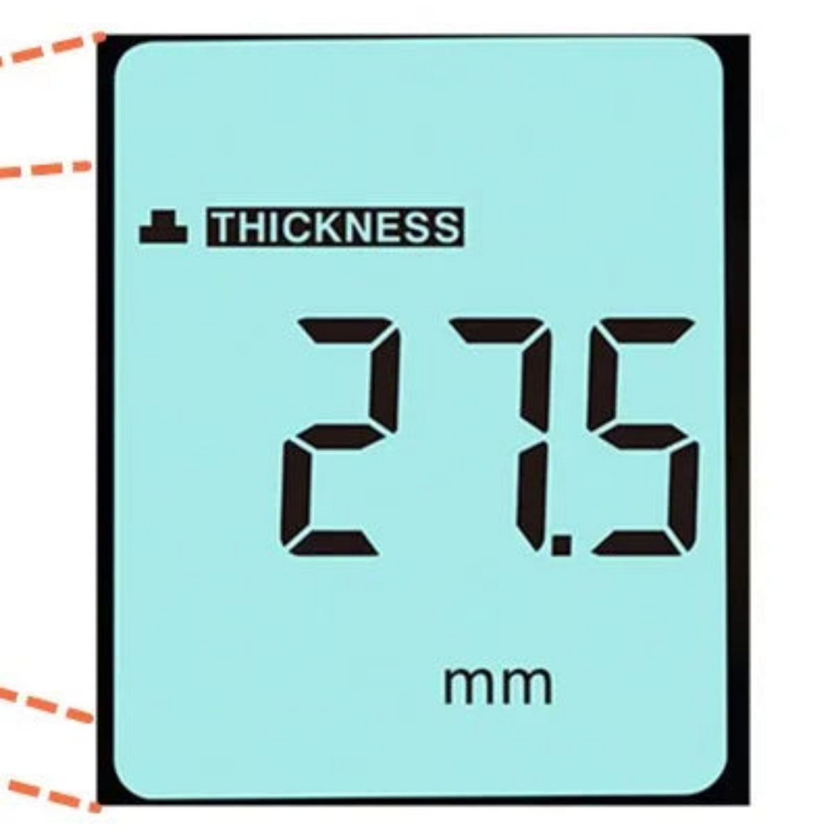 Close view of the backlit LCD thickness reading in millimetres