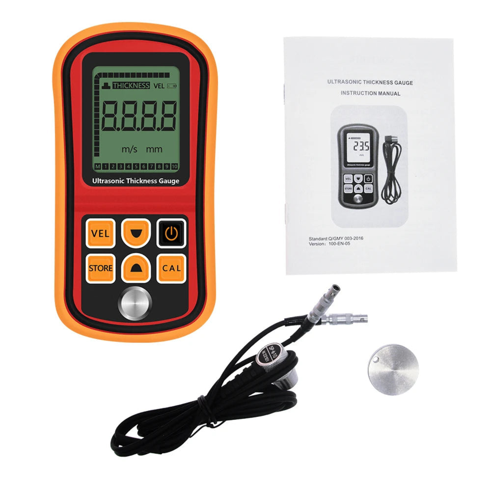 Handheld ultrasonic thickness gauge with wired probe, reference disc and instruction leaflet on white