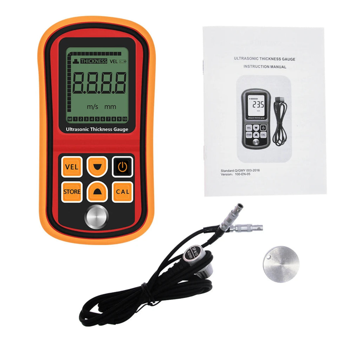 Handheld ultrasonic thickness gauge with wired probe, reference disc and instruction leaflet on white