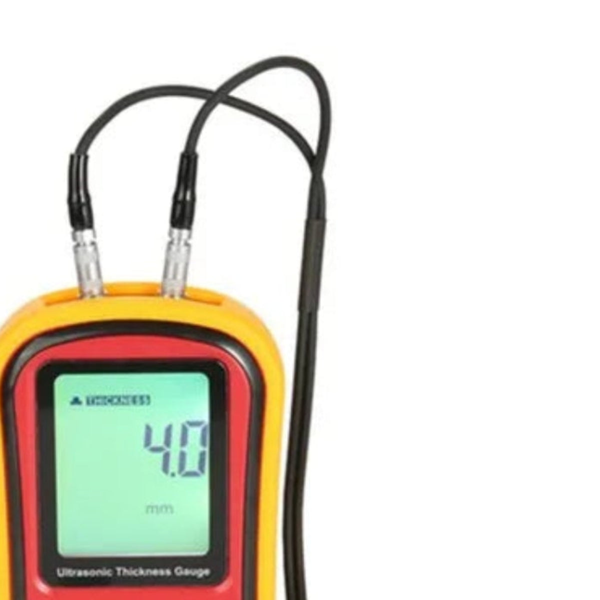 Upper LCD display and probe cable connections of the handheld ultrasonic thickness gauge