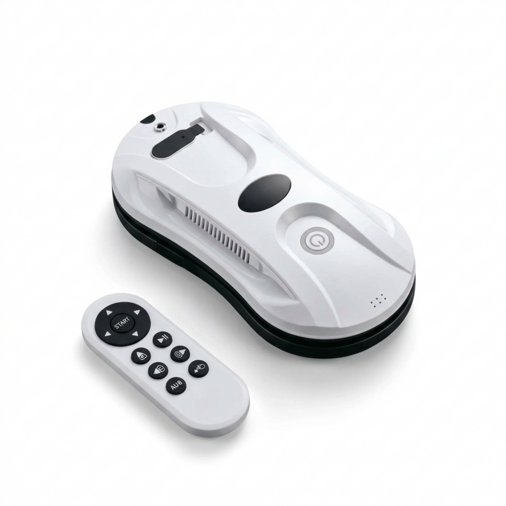 White window cleaning robot and remote control on a clean white studio background.