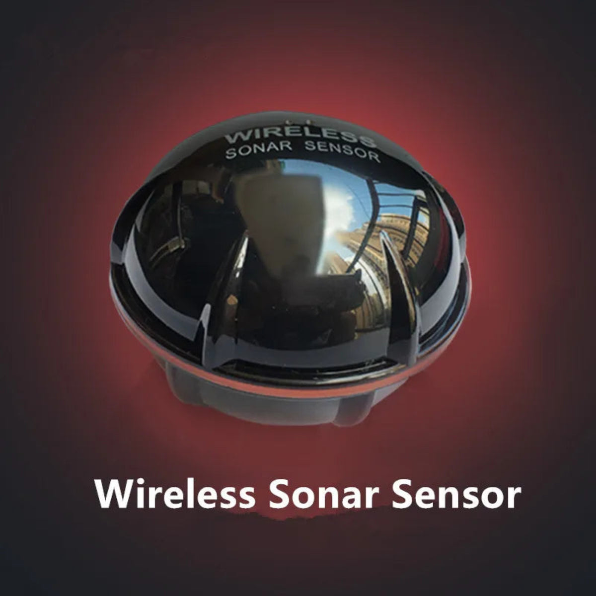 Angled view of the black rechargeable sonar sensor with its red sealing ring