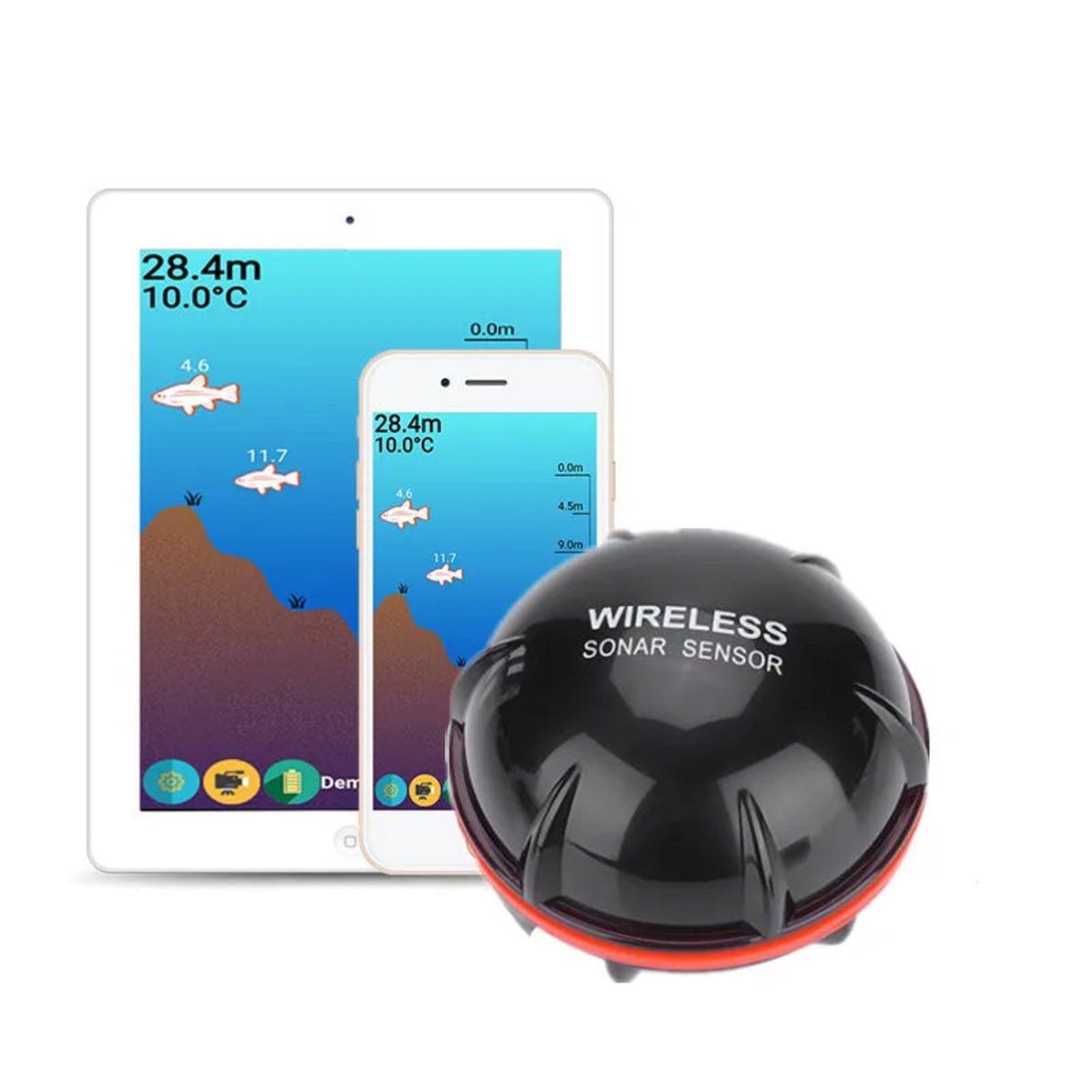 Black castable sonar sensor beside illustrative phone and tablet sonar screens; devices are not included