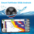 Illustration of the black castable sonar sensor and a compatible phone displaying sonar readings; phone not included