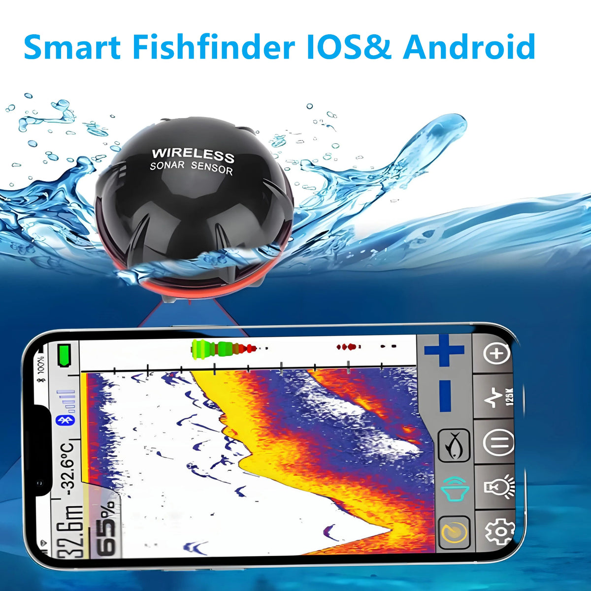 Illustration of the black castable sonar sensor and a compatible phone displaying sonar readings; phone not included