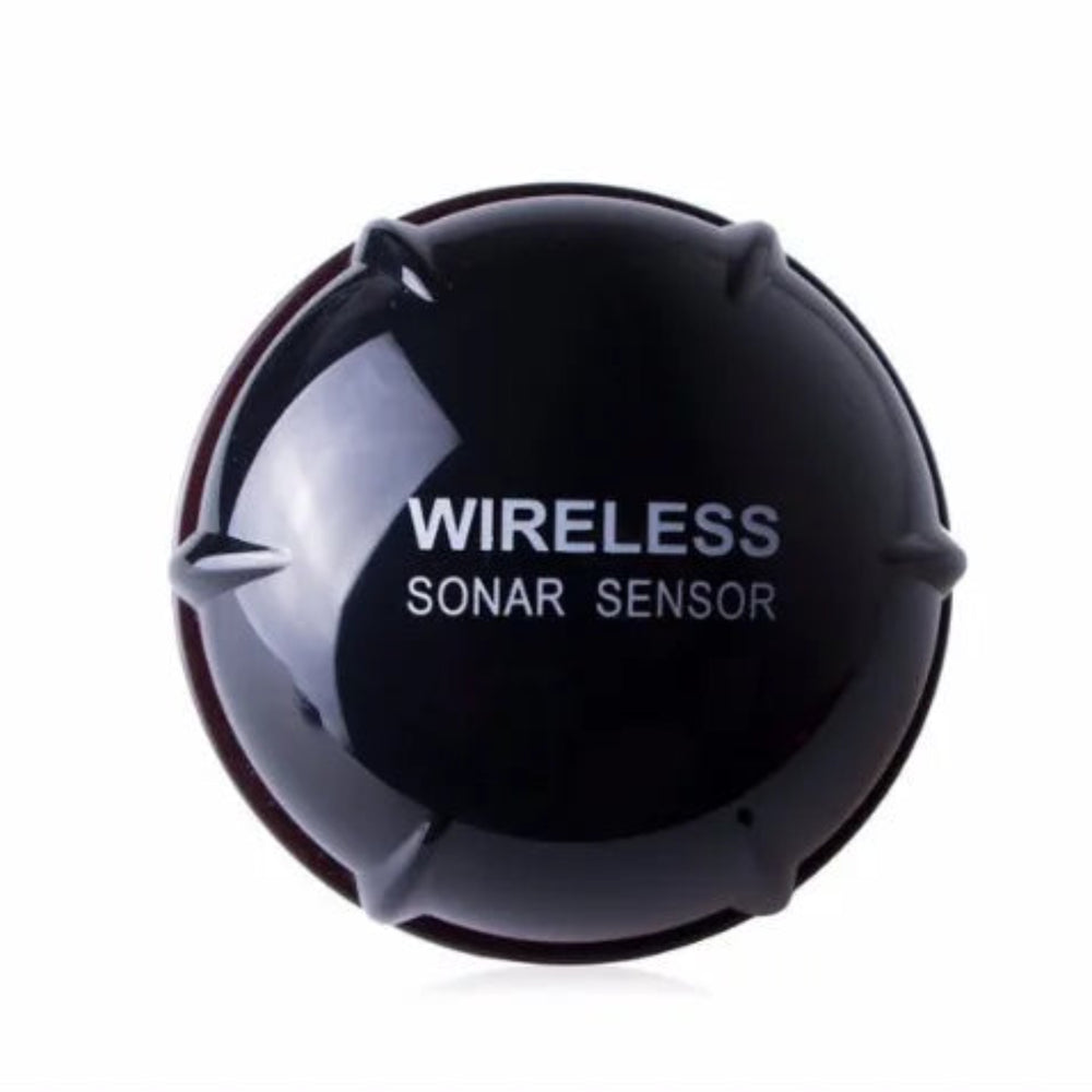 Top view of the black rechargeable castable sonar sensor on a clean white background