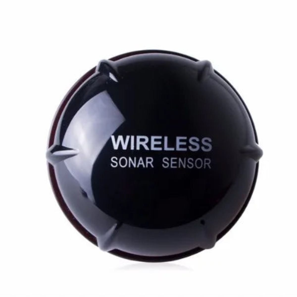 Top view of the black rechargeable castable sonar sensor on a clean white background